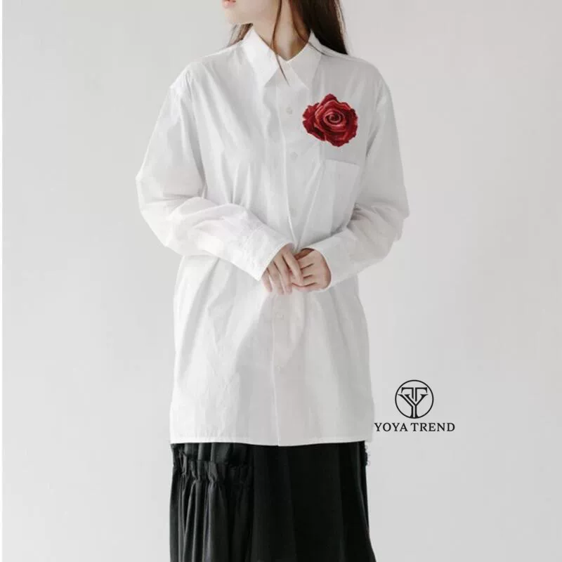 YOHJI YAMAMOTO Yamamoto Yamamoto Rose Blossom Flower Flower Embroidery Men and Women's Women's Long -sleeved Shirts