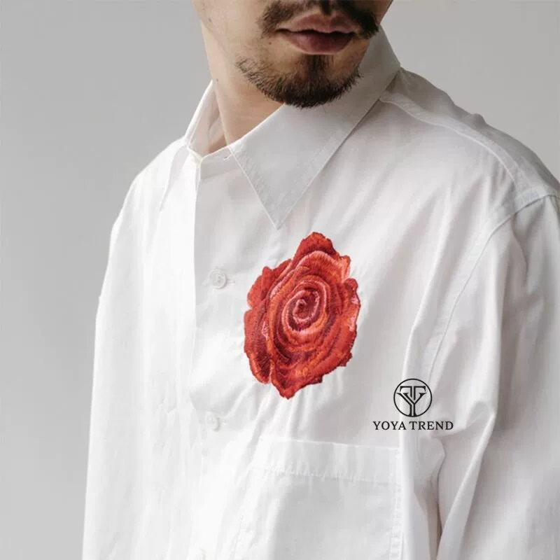 YOHJI YAMAMOTO Yamamoto Yamamoto Rose Blossom Flower Flower Embroidery Men and Women's Women's Long -sleeved Shirts