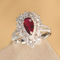 Spot natural slender water drop pigeon red gem ring 18k gold inlaid diamond modified hand type