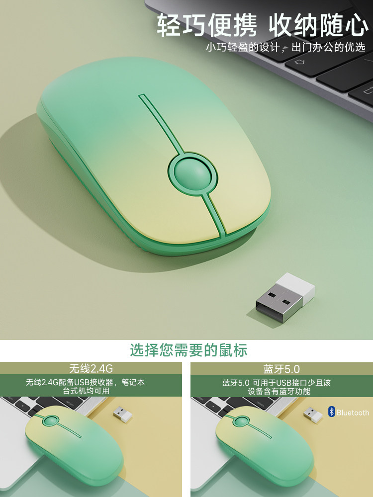 Wireless Mouse, Green, Bluetooth, Silent, Office Use, Stylish, for Women, Laptop, Unlimited Mouse Movement, Small, Quiet
