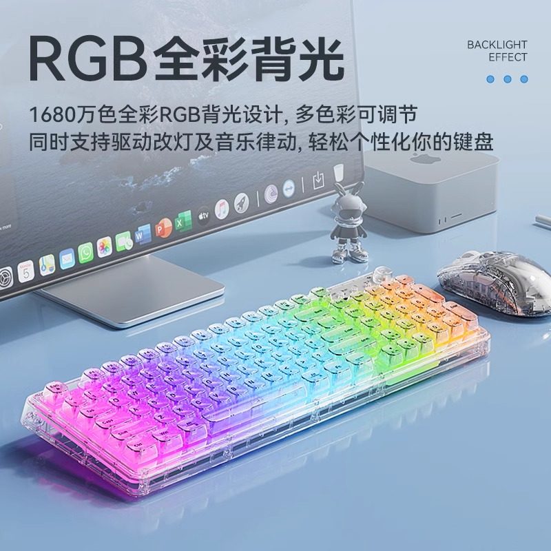 Mengzu Z99 Wireless Bluetooth Transparent Ice Cube Keyboard and Mouse Set Mechanical Computer Keyboard and Mouse for Girls Office Silent
