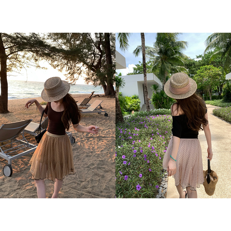 Im Towards Sweet Tea-Colored Lace ~ Irregular Cut Polka Dot Midi Skirt with Layered Texture, Gentle and Lazy Mesh Skirt