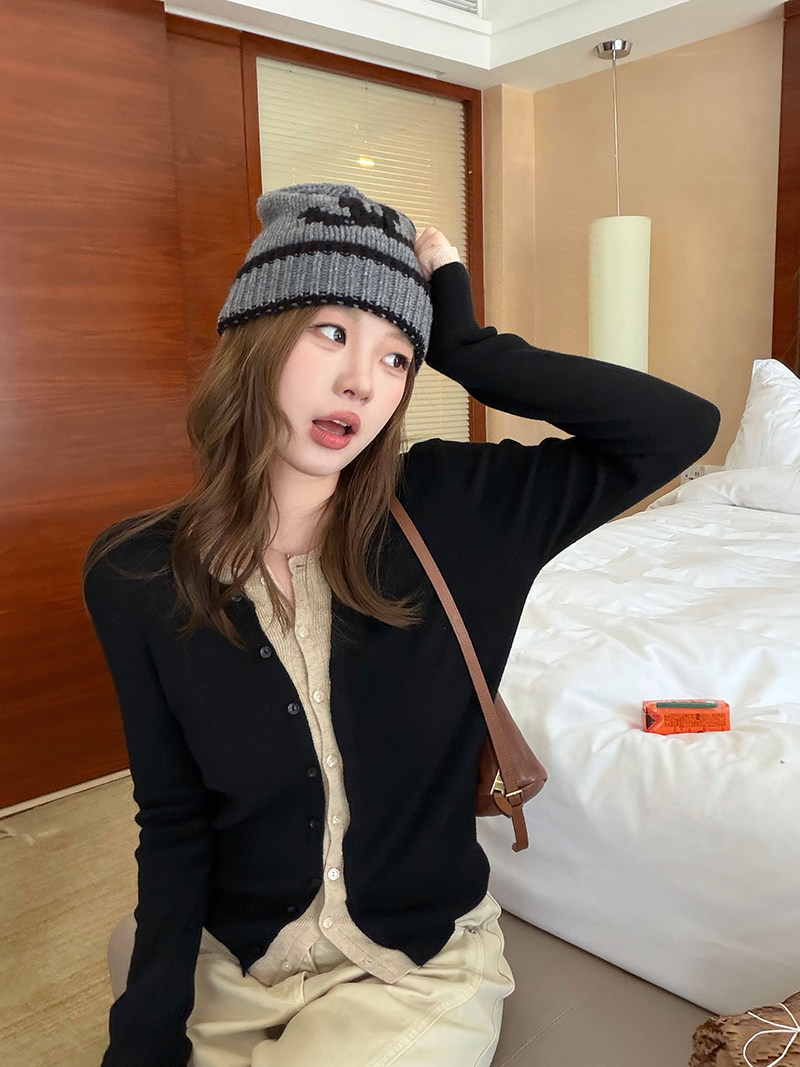 im ~까지 세련된 스택 음악 한 부서 계층의 감각 몸매 가꾸기 맨위 여성 페이크 레이어드 패치워크 색상 양모 니트 오픈 가디건 상세 이미지 11