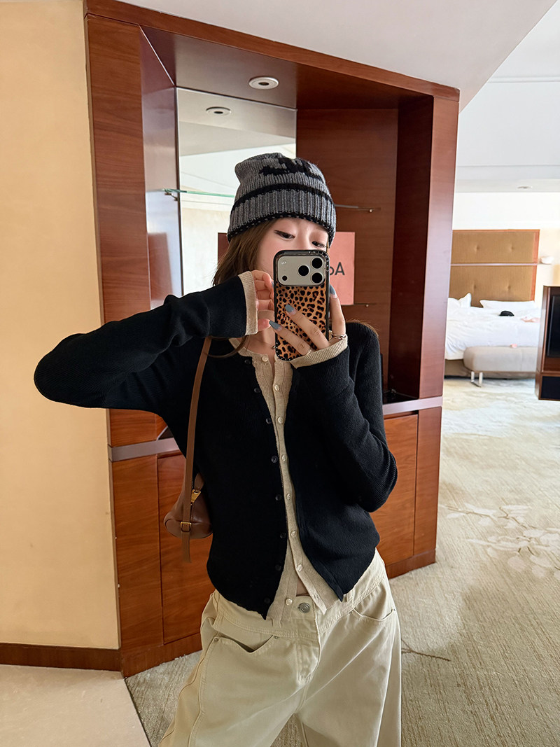 im ~까지 세련된 스택 음악 한 부서 계층의 감각 몸매 가꾸기 맨위 여성 페이크 레이어드 패치워크 색상 양모 니트 오픈 가디건 상세 이미지 20