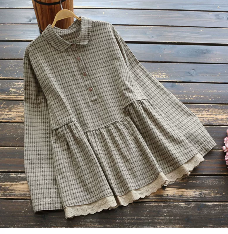 7591 Mùa xuân mới Phụ nữ Văn học và Nghệ thuật Retro Áo sơ mi cotton và vải lanh kẻ sọc Áo dài tay áo dài Áo thun rộng - Áo sơ mi