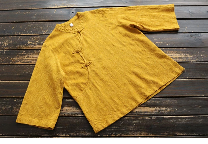 7036 mùa thu mới của phụ nữ khóa retro ngọn tay áo phong cách Trung Quốc bảy điểm áo thun cotton Tencel áo sơ mi trà - Áo sơ mi