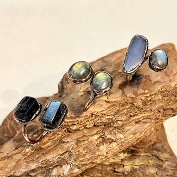 Retro style natural black tourmaline blue crystal labradorite amorphous opening adjustable personalized european and american ring