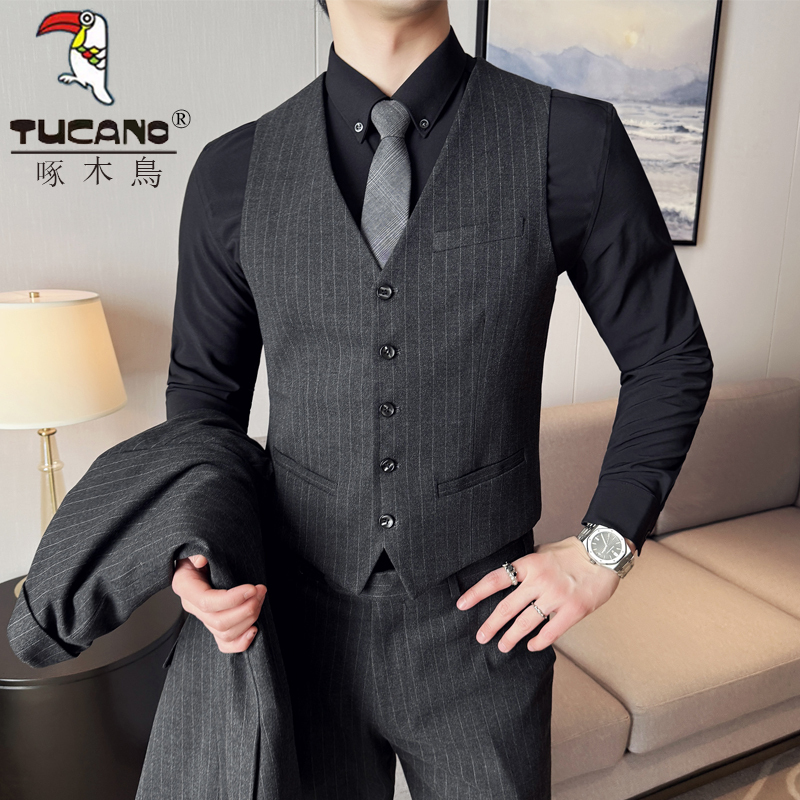Woodpecker Striped Suit Vest Men's Slim Fit Groomsmen Outfit Groom Wedding Suit Vest Autumn