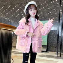 Girls autumn and winter coat 2021 new foreign style woolen plaid cotton thickened large childrens small fragrant wind wool sweater