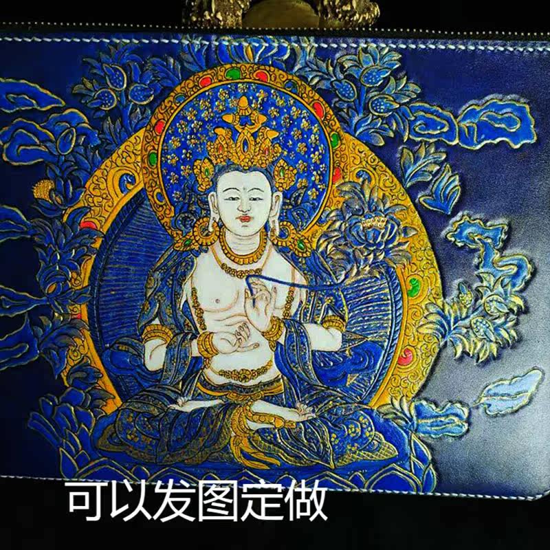 Handmade leather engraved envelope bag youth clutch bag men's vintage zipper casual women's cowhide thangka pattern briefcase