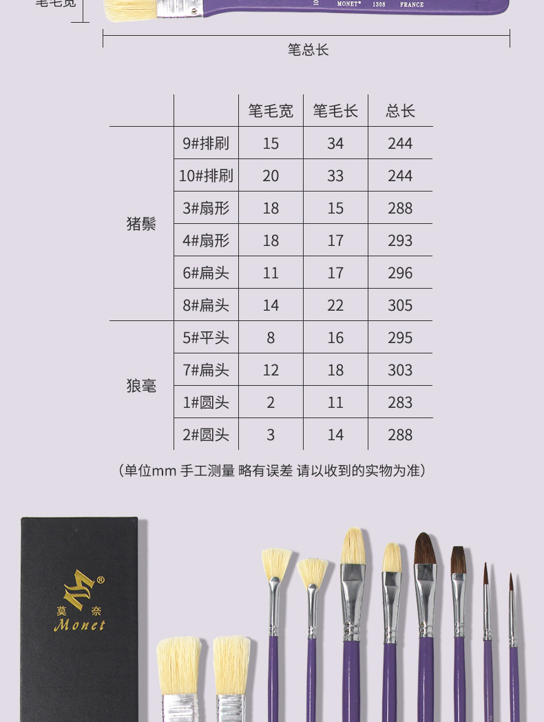 Кисть для рисования масляными красками 莫奈水彩画笔油画笔水粉丙烯画笔猪鬃排刷扇形笔狼毫美术艺考套装