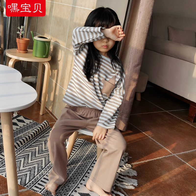 Minimalist Wind Stripe High Extreme Sensation Children's Home Suit Suit Pure Cotton Long Sleeve Child Loose Sleepwear Pyjamas