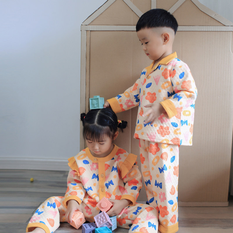 Hey baby, sweet world children's hairpin cotton thick pajamas, big children's lapel heating pants, heating room home clothes