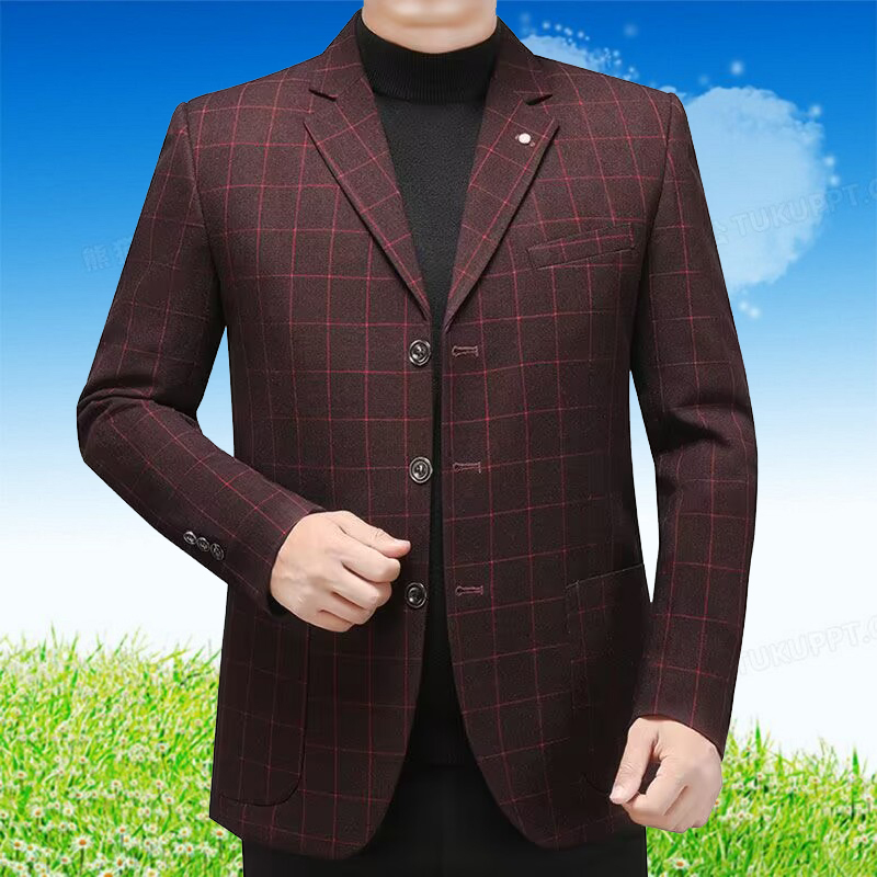 Casual Blazer for Men, Large Size, Autumn and Winter New Style, Middle-Aged, Loose Checkered, New Product, Wedding Three-Button Suit