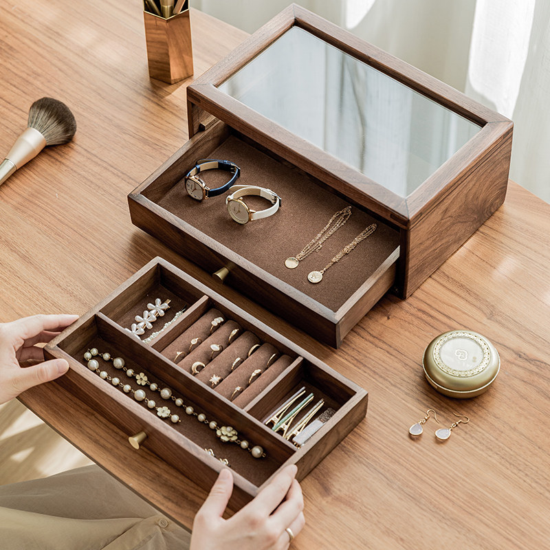 Solid Wood First Decorated Box Upscale Earrings Ear Pin Necklace Containing Box Home Woody Drawer Black Walnuts Wood Jewelry Box