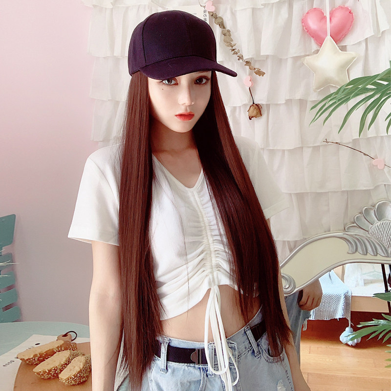 Cap with wig integrated female summer long hair natural fluffy fashion net red emulation full headgear type long straight hair-Taobao