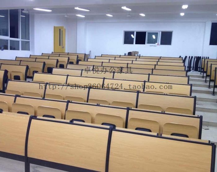 Curved wood multimedia student desks and chairs ladder classroom with rows of steel and wood conference chairs automatic folding training chairs