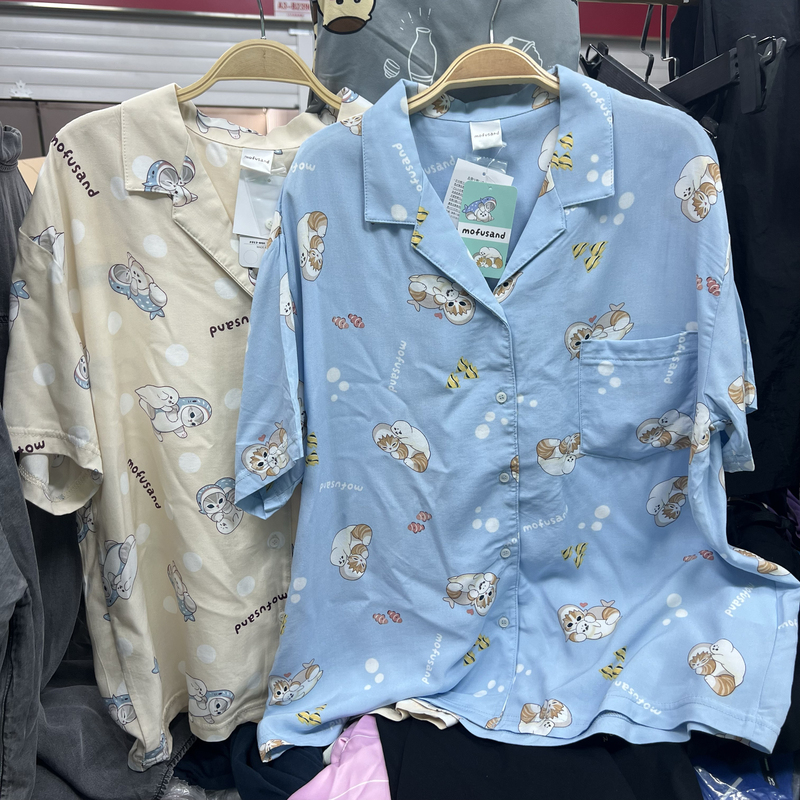 Japanese Summer New Style Shark Cat Mofusand Woven Rayon Cool Loose Lapel Button-Down Women's Shirt