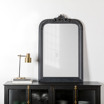 American retro old pure solid wood carved round mirror cosmetic mirror bathroom mirror corridor porch hanging mirror decorative mirror