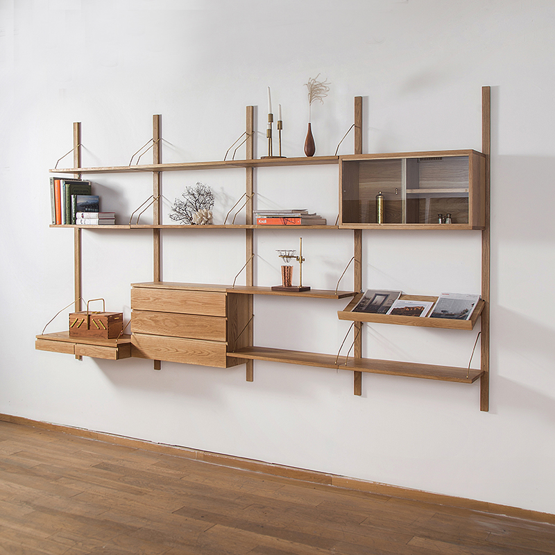 Nordic Wind White Oak Brass Bracket Wall Shelf Multifunctional Storage Shelf Book House Solid Wood Lined Bookshelves-Taobao