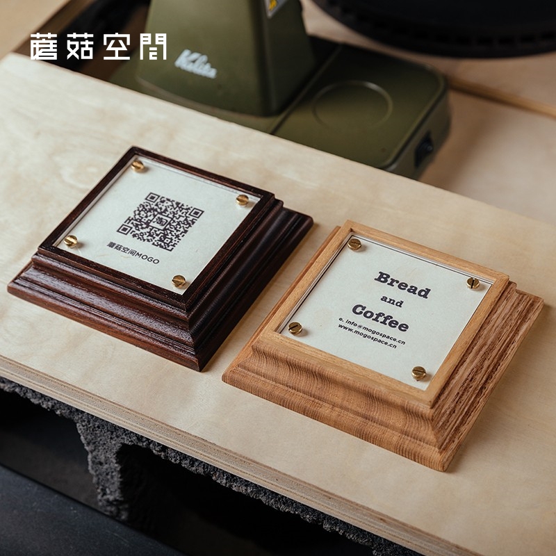 Mushroom Space Qr Code Solid Wood Base Vintage Border Brass Nails Two-Tone Bar and Coffee Shop Signage