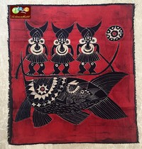 Batik fait main Miao batik caractéristique ethnique tenture murale décorative homme de montagne rouge pêchant 85*75CM