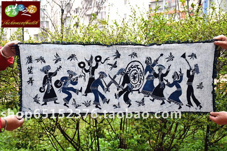 Special Promotion Batik Painting Guizhou Miao Batik Decoration Wall Hanging Lusheng Dance 105*40CM