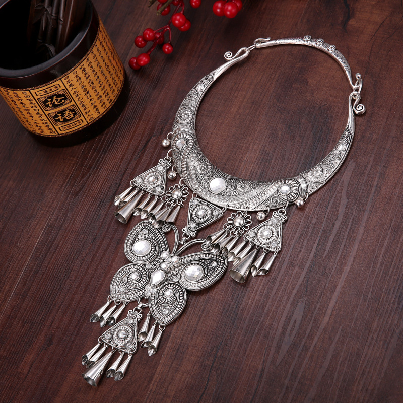 Miao Necklace National Wind Retro Accessories Miao Silver Necklace Cotton Linen Clothing Pendant Performance Accessories