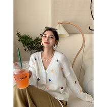 NORA mohair knitted cardigan jacket womens early autumn New embroidery lazy style retro loose short top