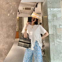 NORA blue printed wide leg pants womens 2021 autumn and winter high waist loose straight casual fashion floral suit trousers