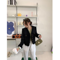 NORA early autumn black small fragrant wind jacket womens wild new loose casual fashion design tassel temperament top