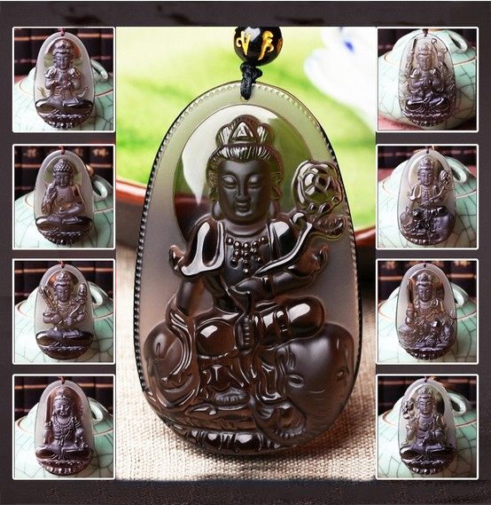 Natural obsidian eight patron saints twelve zodiac pendant original stone birth Buddha statue jewelry men and women necklace