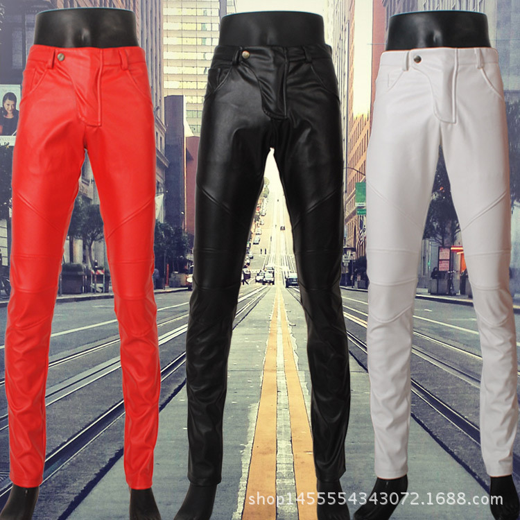 New mid-waist wear Korean black black pure winter warm dance PU leather men large size leather pants