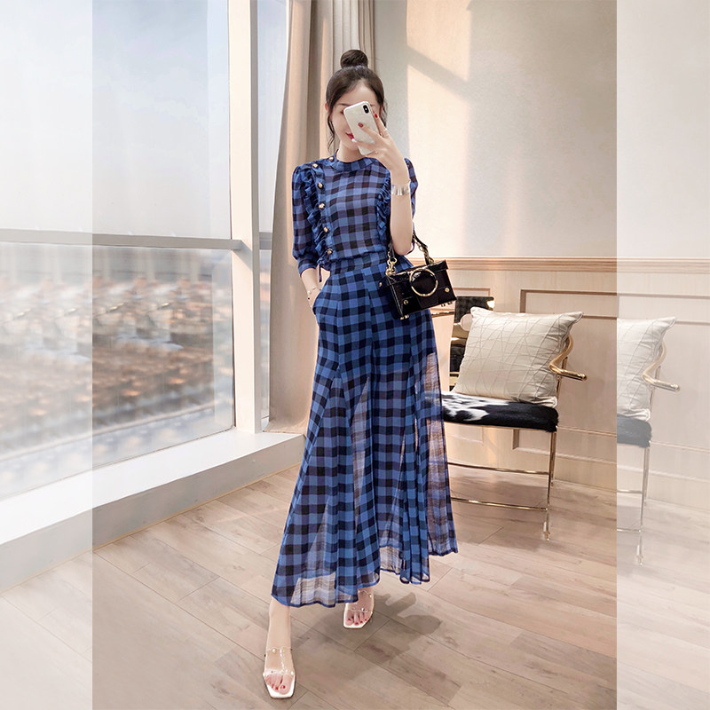 Chiffon two-piece suit fashion plaid 2023 new autumn and winter women's clothing Yujie light cooked Hong Kong style wide-leg pants suit