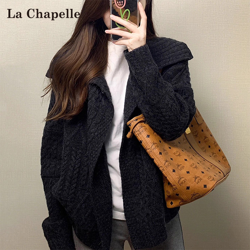 La Chapelle High-End Twist-Knit Sweater Jacket for Women, New Autumn and Winter Thickened Cardigan with a Turn-Down Collar