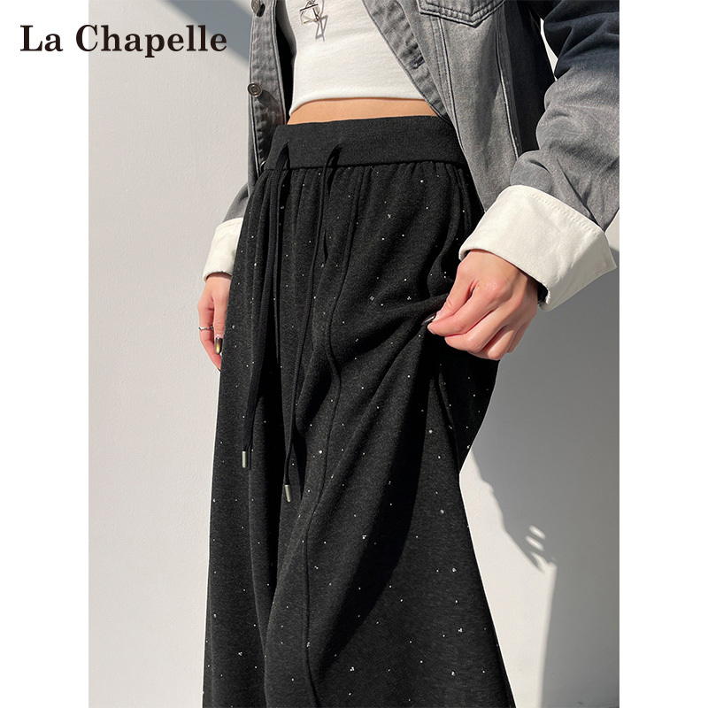 La Chapelle Starry Sequin Scimitar Pants for Women, Spring 2026 New Sports Sweatpants, High-Waisted Rhinestone Wide-Leg Pants
