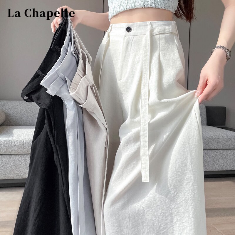 La Chapelle Yamamoto-Style Linen Ice Silk Wide-Leg Pants for Women, Summer Thin High-Waisted Tie Loose Floor-Length Straight Pants