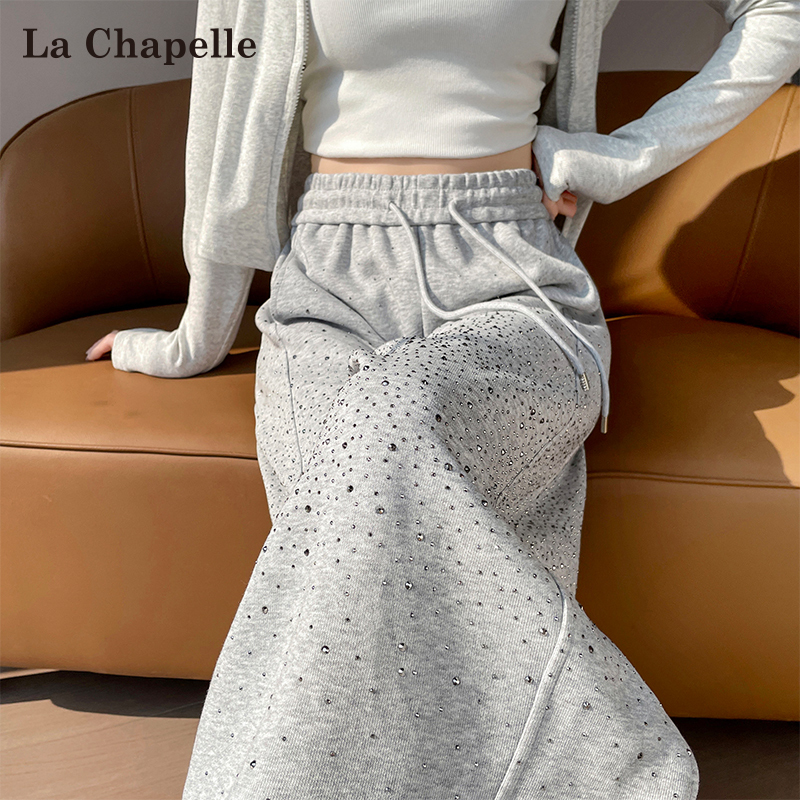 La Chapelle Gray Rhinestone Sports Sweatpants for Women, Spring 2026 New Model, Diamond-Studded Scimitar Pants, Starry Wide-Leg Pants