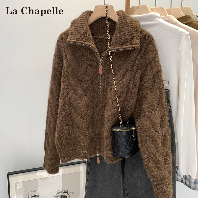 La Chapelle Melard Double-Zip Knit Sweater for Women, Autumn and Winter Style, Super Nice-Looking, Thickened Cable-Knit Lapel Sweater Top La Chapelle Melard Double-Zip Knit Sweater for Women, Autumn and Winter Style, Super Nice-Looking, Thickened Cable-Knit Lapel Sweater Top