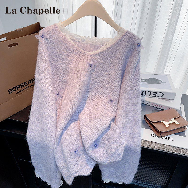 La Chapelle Purple Bow V-Neck Sweater Knitwear for Women, New Autumn and Winter Style, Unique, Beautiful and Stunning Top