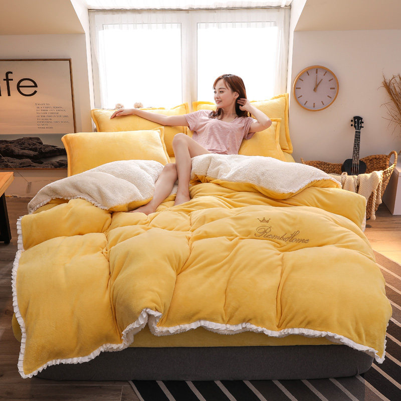 ins wind winter thickened lamb velvet coral velvet four-piece set double-sided flannel quilt cover warm bed three-piece set