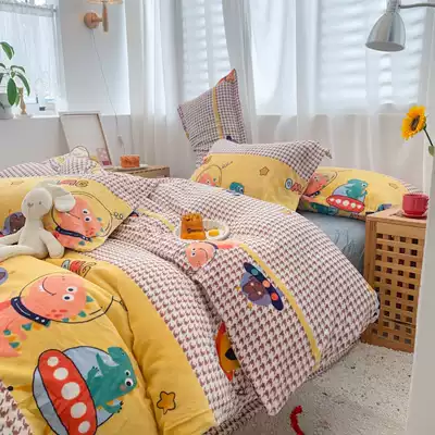 Children's bed double-sided milk velvet four-piece set ins small fresh quilt cover bed single coral velvet flannel winter set