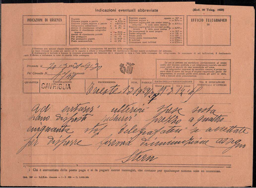 The Italian telegraph paper states that the government is not liable to the recipient for signing the submitted receipt