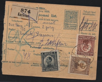 Early Yugoslav Stamp C 1921 Parcel Waybill Posted to Karlovic