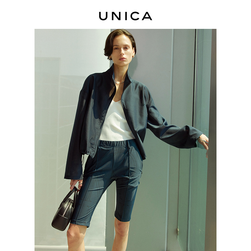 Unica/Korean Imported Sheer Glossy Fabric Double Zipper Drawstring Waist Letter Embroidered Jacket
