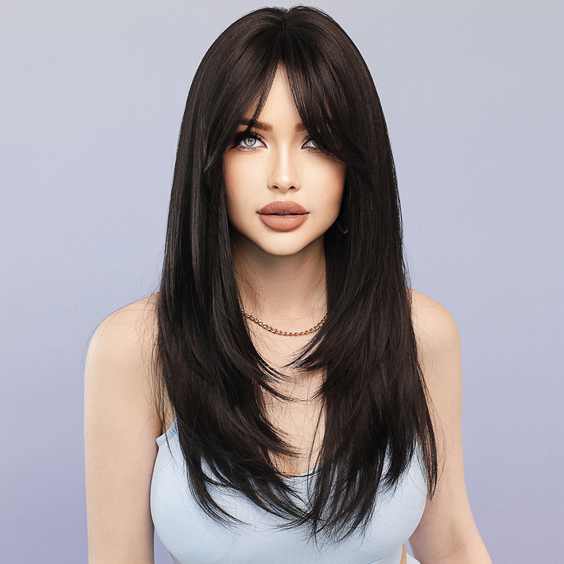 7Jhhwigs Dark Brown Long Straight Wig for Women, European and American Style, Suitable for Daily Use, Middle Part Synthetic Wig