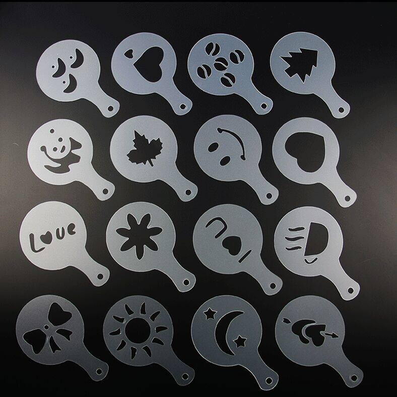 Plastic pull flower mold fancy coffee printing model thickened coffee milk foam spray template 16 pieces 8 5cm