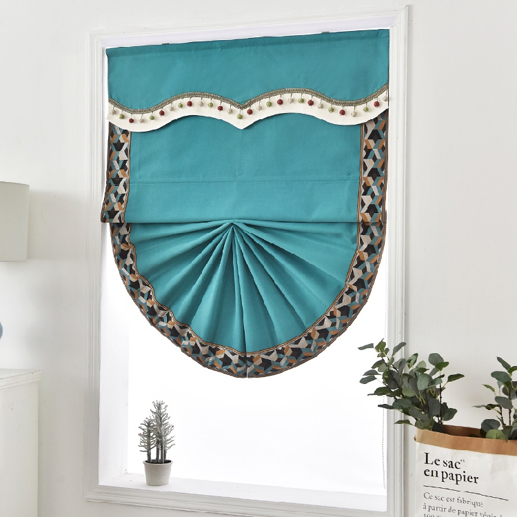 Light luxury new Chinese style Solid color fan-shaped Roman curtain lifting curtain Bay window Bedroom shading fabric roller curtain small window