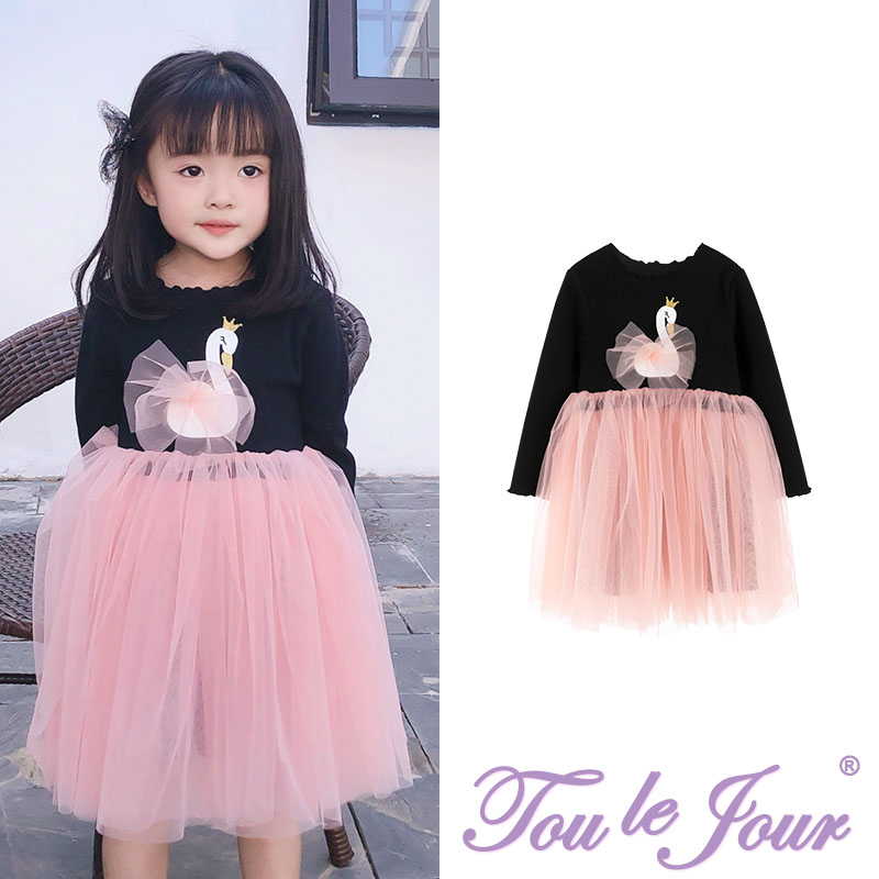 Toulejour Girls ' Outfit Gold Crown Swan Print Dream Mesh Tutu Casual Dress Sundress