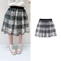 Toullejour girls clothing retro black and white gaggle printed wave pattern water soluble lace mesh dress Tutu half-body dress